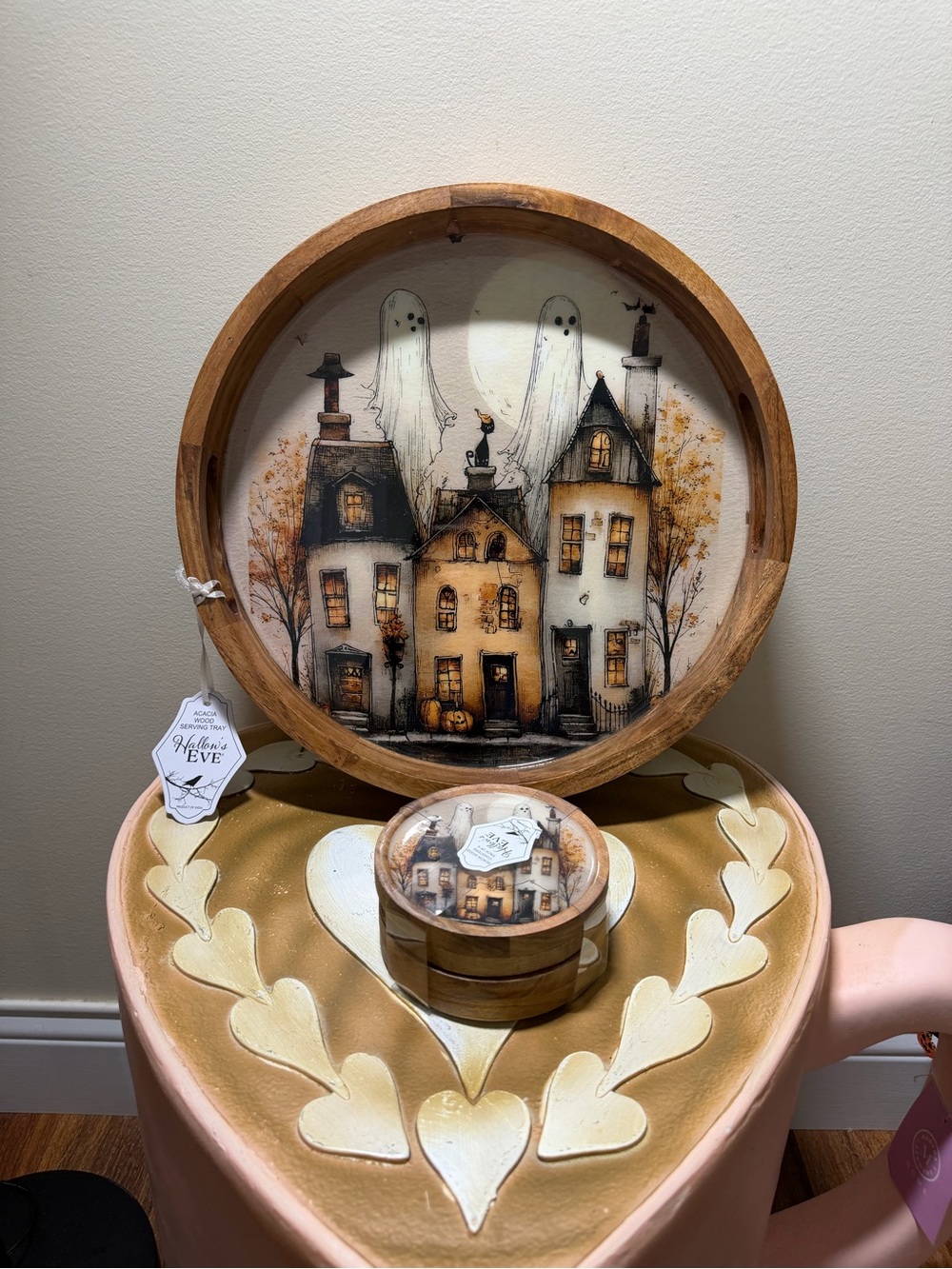 Hallow’s Eve Wooden Halloween Haunted House Serving Tray & Coasters